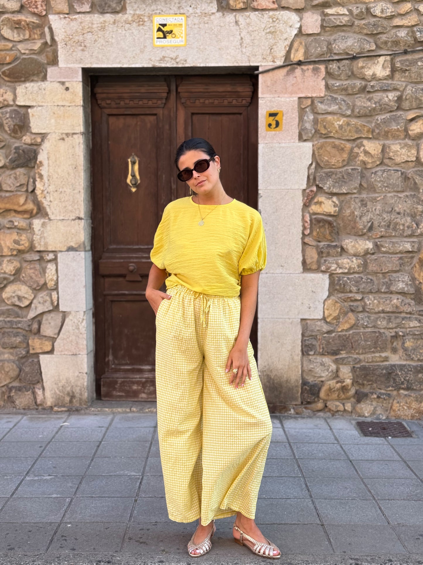 Pantalón Ancho Fluido Vichy Amarillo
