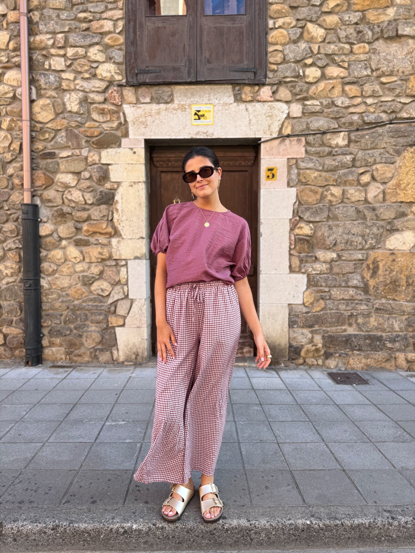 Pantalón Fluido Ancho Vichy Rosa