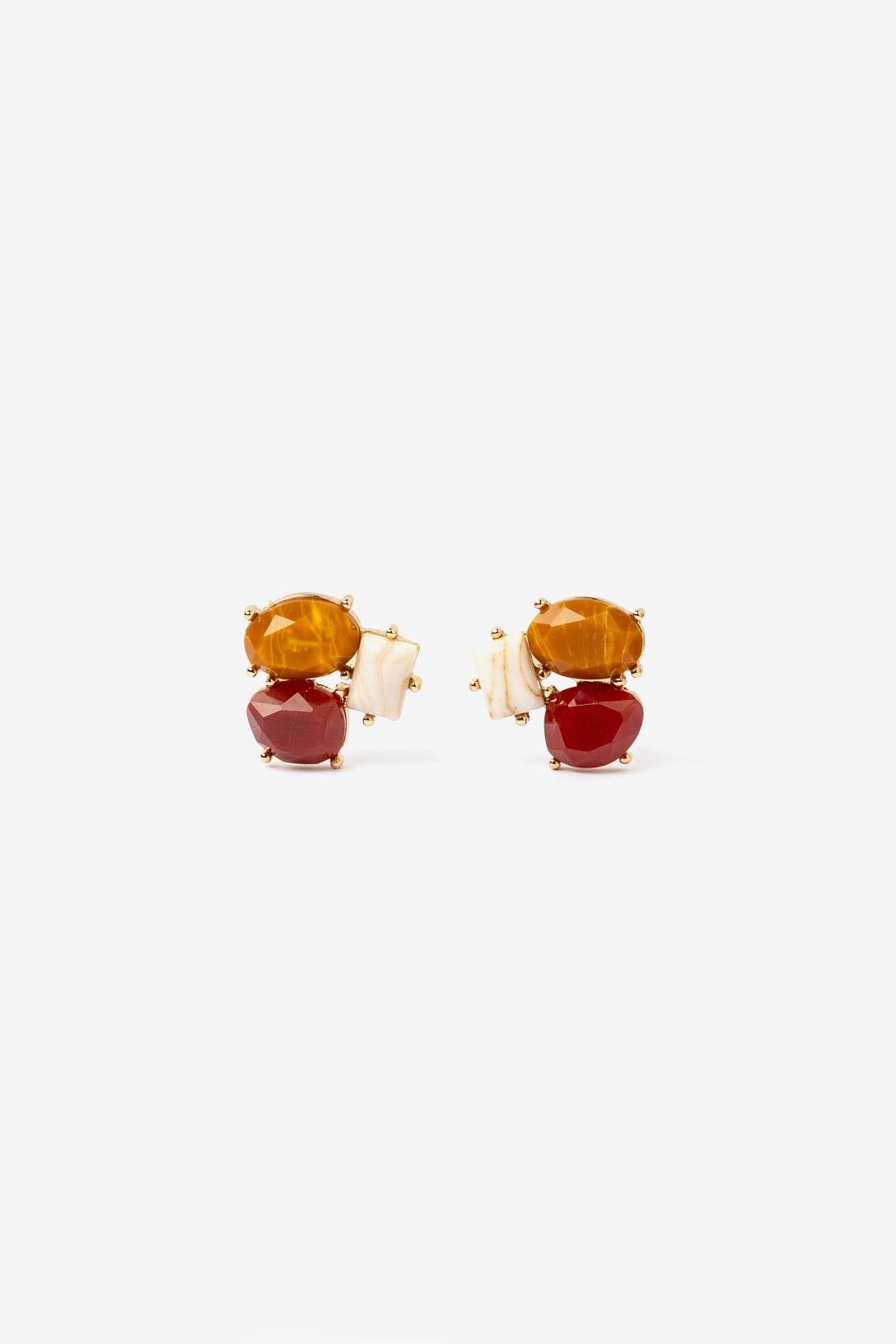 Pendientes Pequeños Triple Piedra Teja y Beige