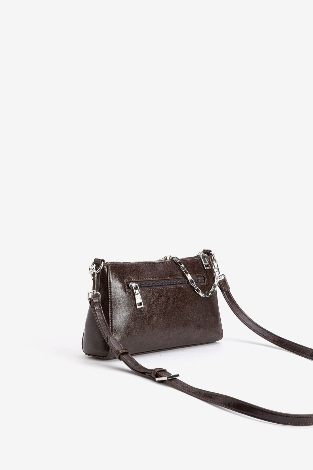 Bolso Bandolera Cadena Plata Marrón Oscuro