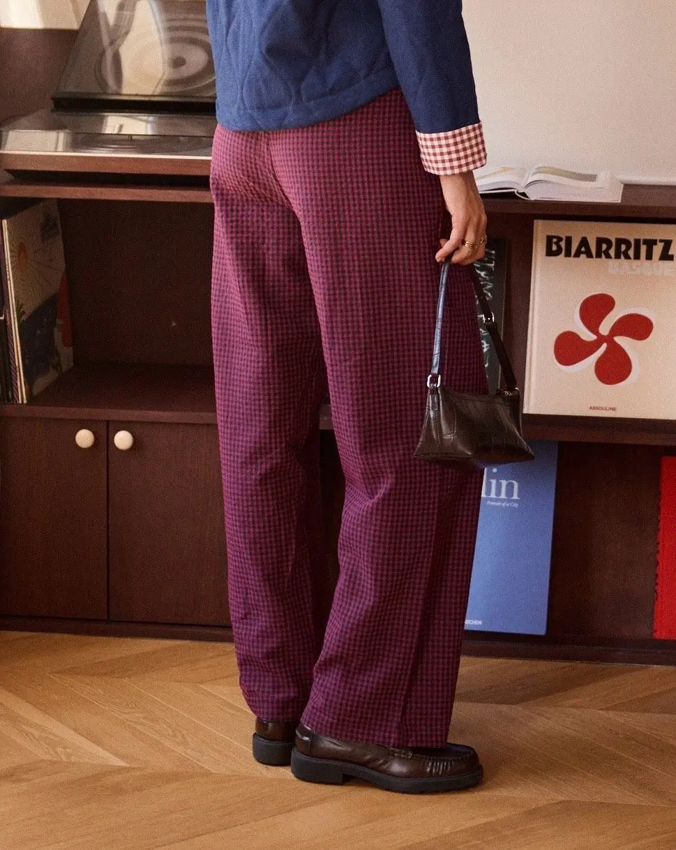 Pantalones Fluidos Con Cuadros Vichy Burdeos