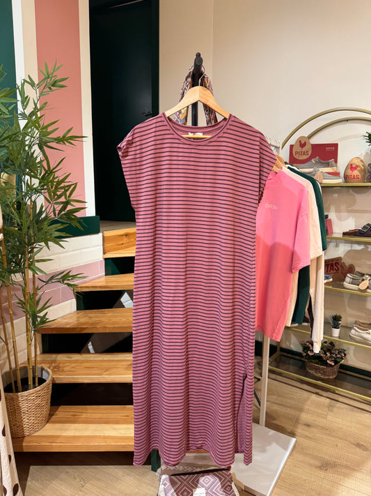 Vestido Básico Largo Rayas Rosa