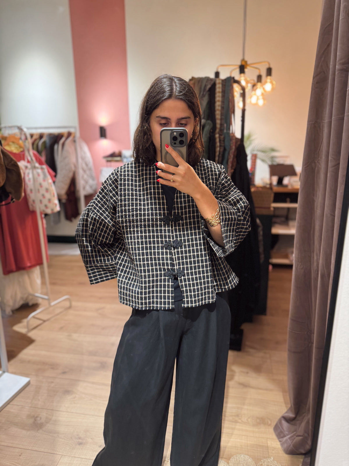 Blusa/Chaqueta Cuadros Negro y Beige