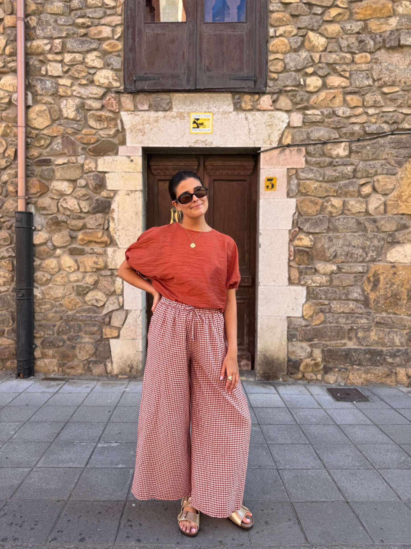 Pantalón Ancho Vichy Teja