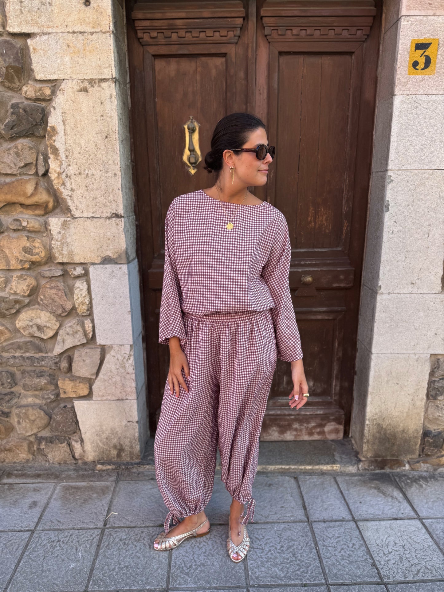 Pantalón Bombacho Vichy Rosa