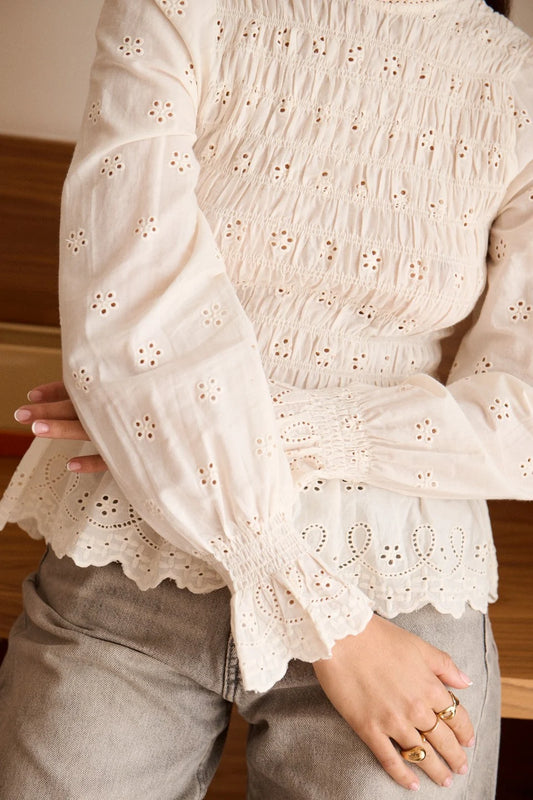 Blusa Con Bordado Inglés y Frunces
