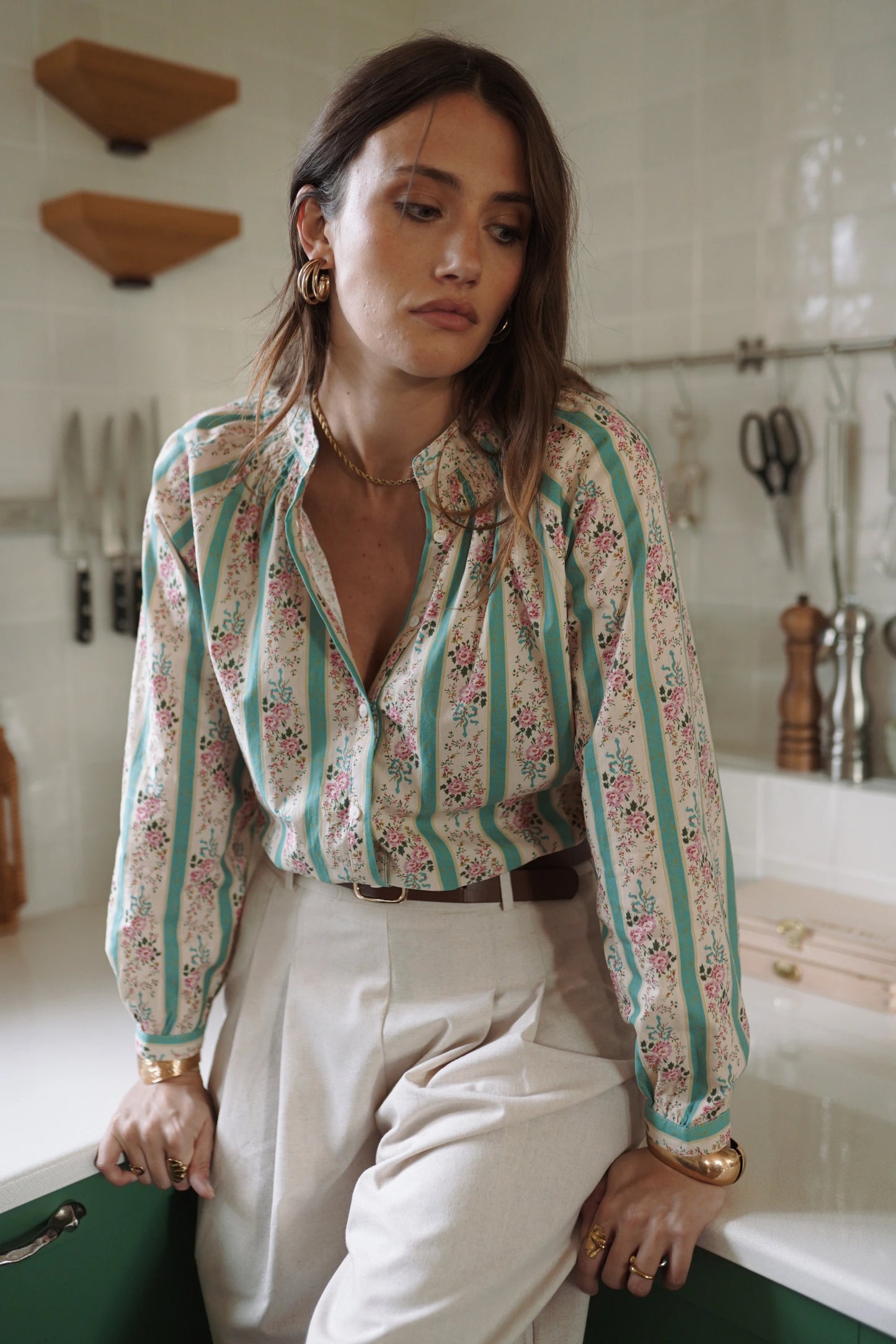 Blusa Con Estampado De Rayas y Flores