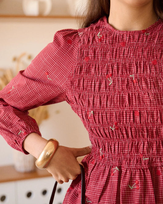 Vestido de Cuadros Bordado Con Cerezas