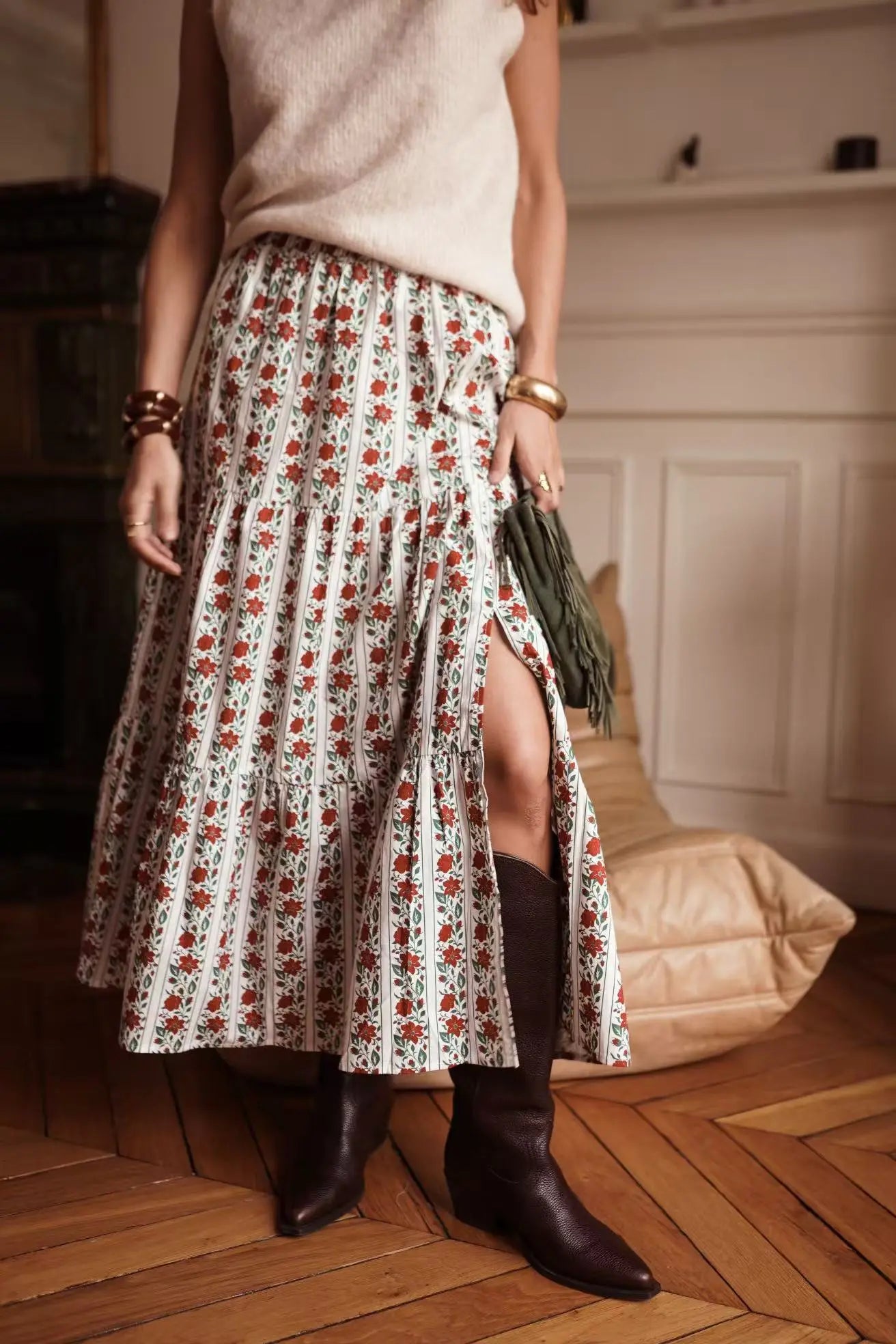 Falda Larga Floral Rojo