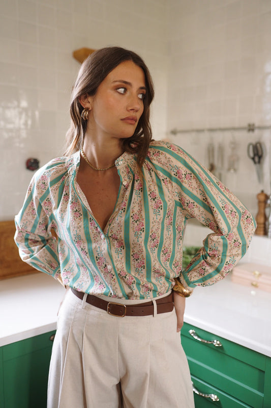 Blusa Con Estampado De Rayas y Flores