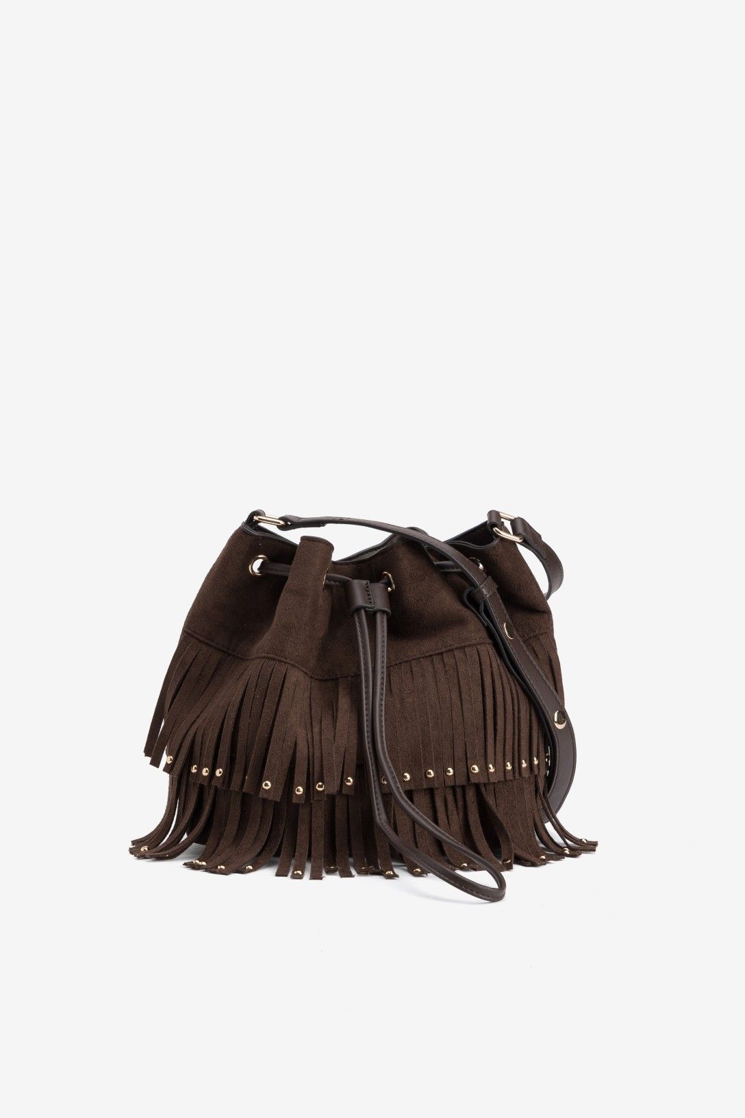 Bolso Bombonera Flecos Marrón Oscuro Tachas