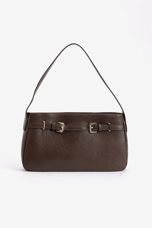 Bolso Cartera Marrón Oscuro Hebillas Asa Corta