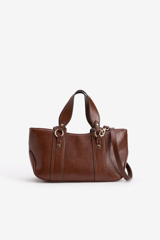 Bolso Marrón Asas Cortas Tira Larga Ajustable