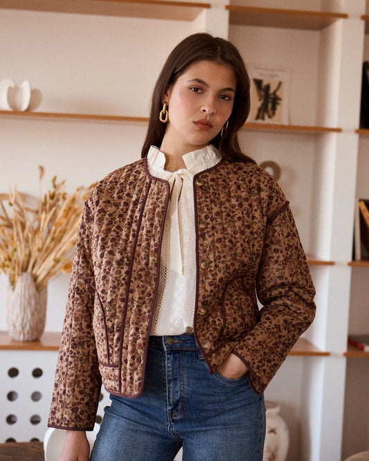 Chaqueta Acolchada Con Estampado Floral Marrón