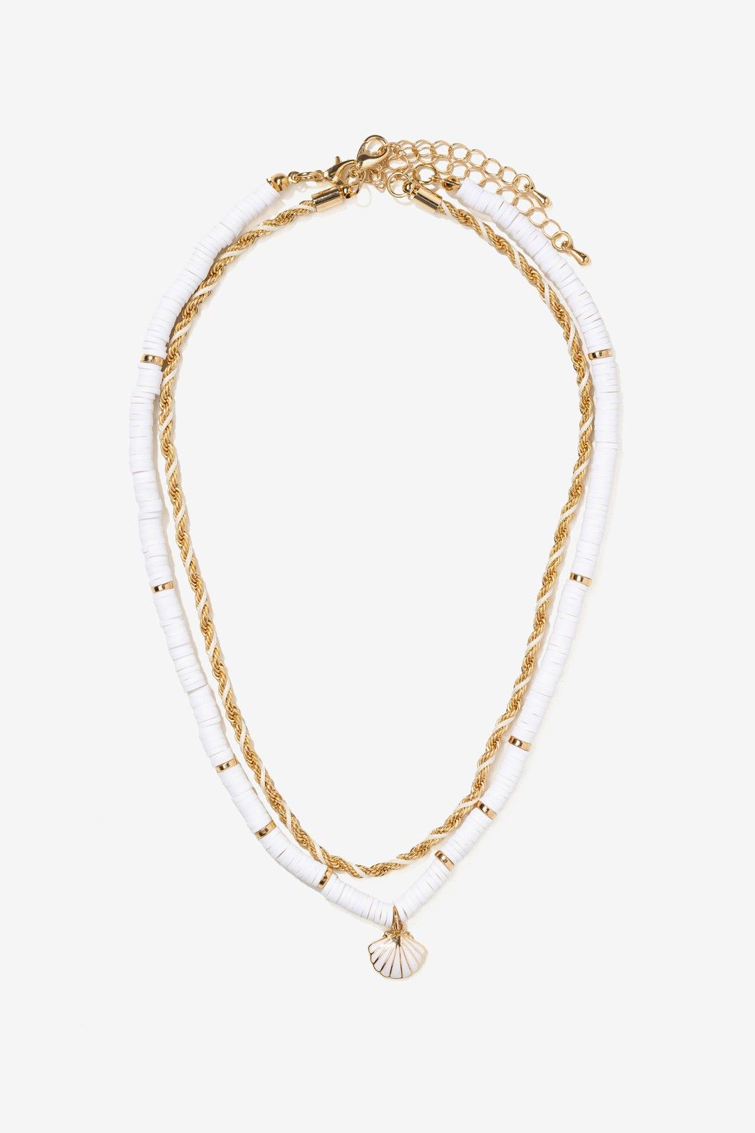 Collar Doble Bolas Blancas Con Colgante Concha Blanca