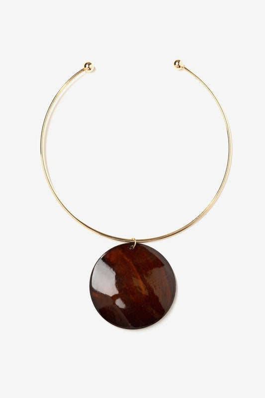 Collar Rígido Dorado Colgante Redondo Marrón