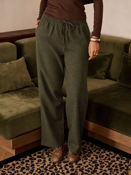 Pantalones Fluidos Con Cuadros Vichy Verde
