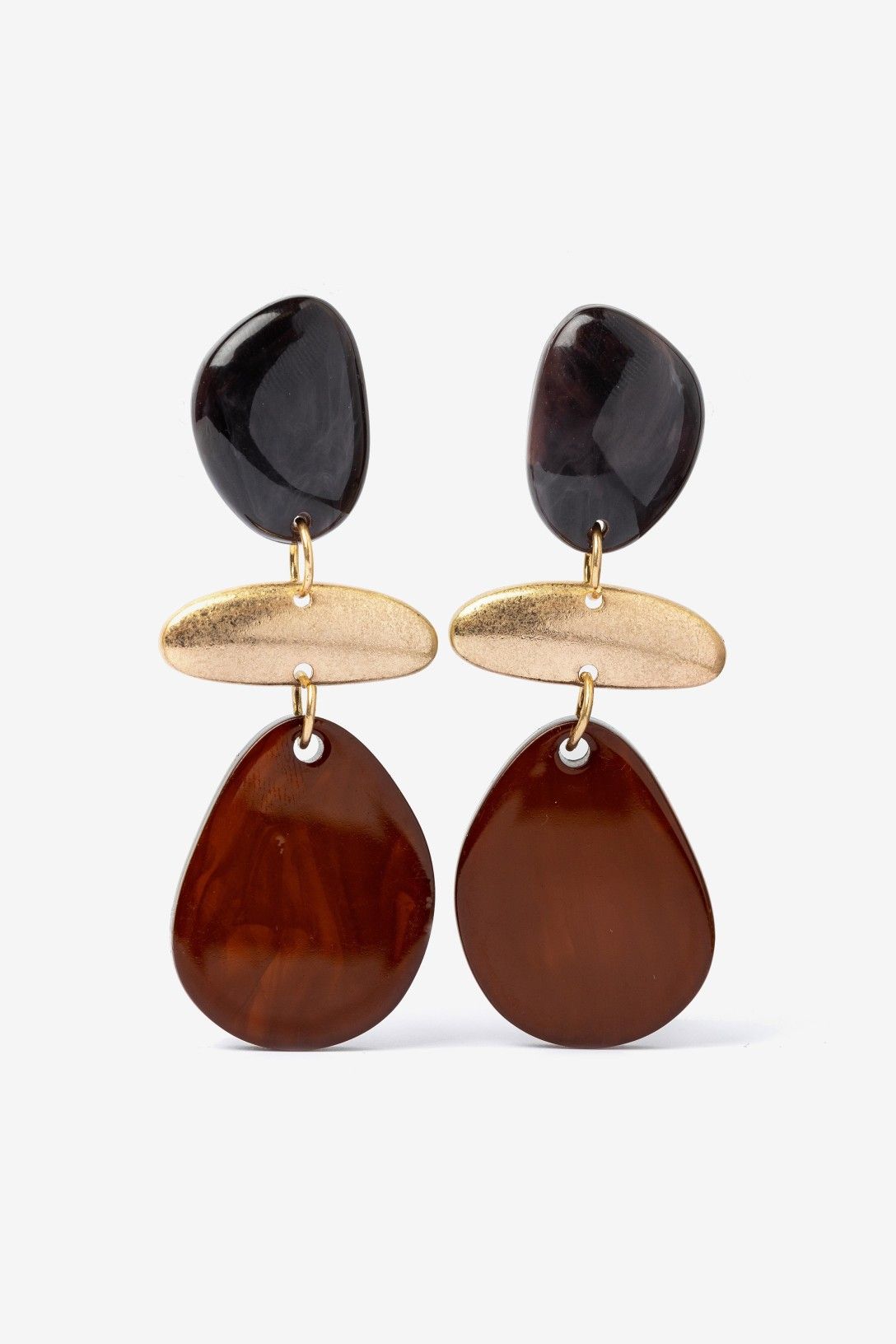 Pendientes Largos Pieza Superior Negra, Dorado y Marrón