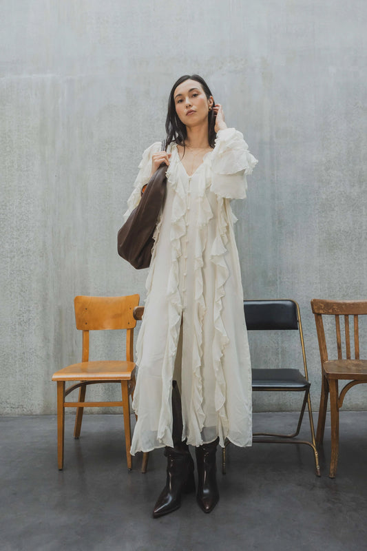 Vestido Largo Con Volantes Marfil