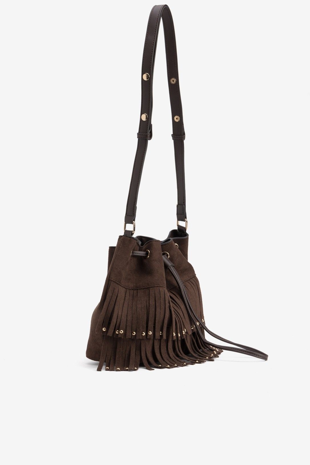 Bolso Bombonera Flecos Marrón Oscuro Tachas