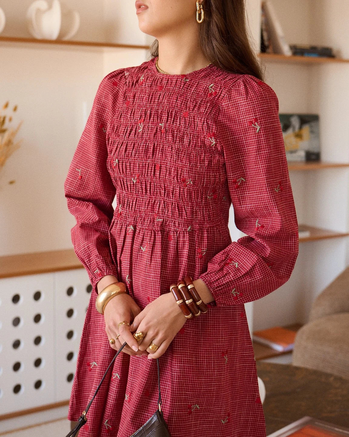 Vestido de Cuadros Bordado Con Cerezas