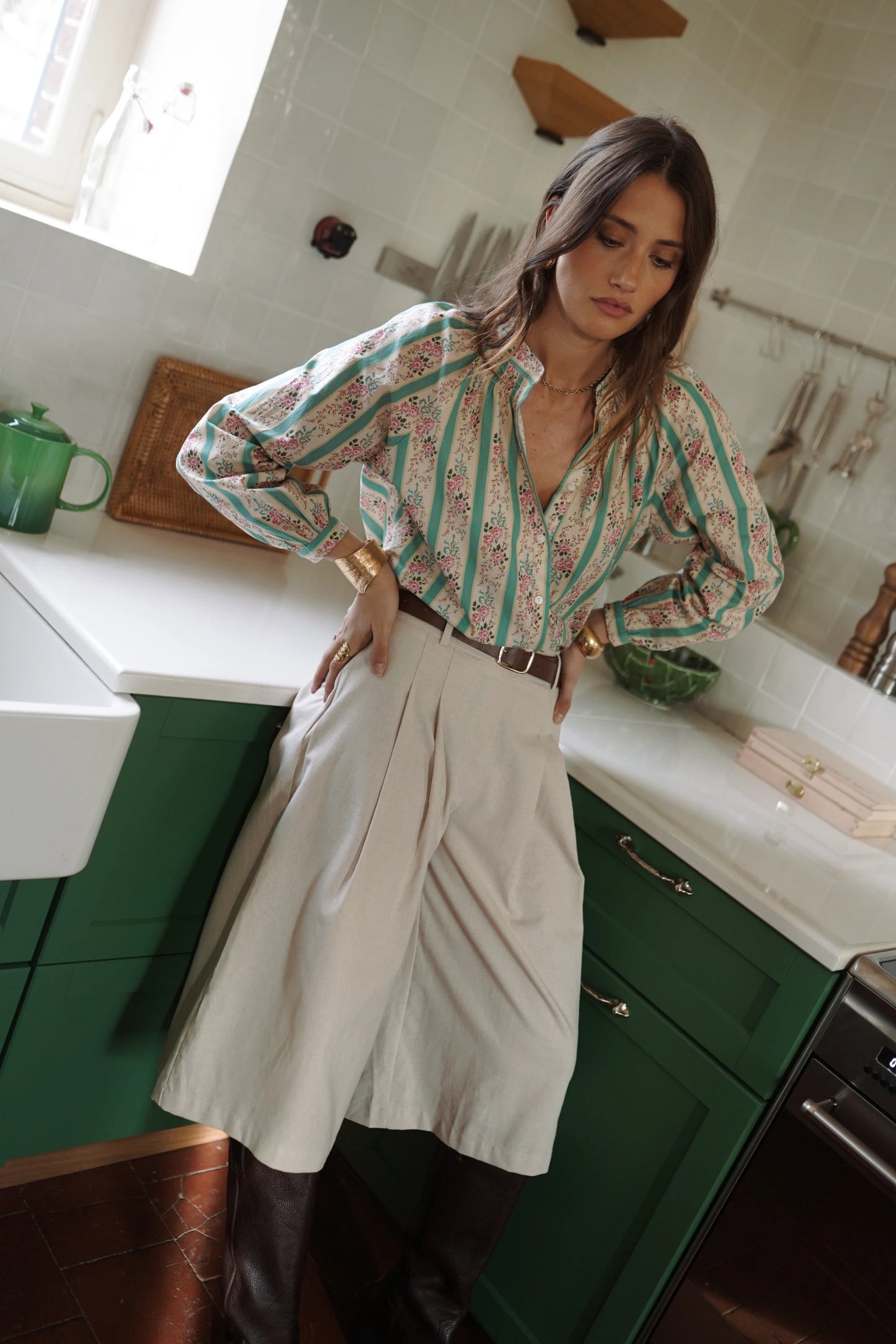 Blusa Con Estampado De Rayas y Flores