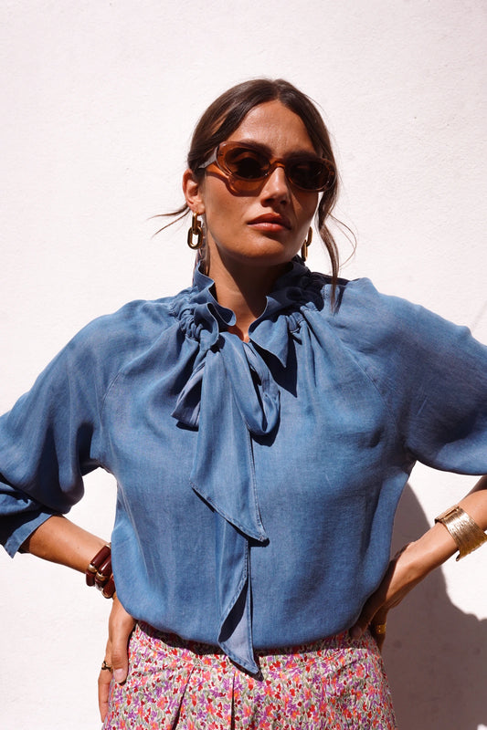 Blusa Denim Azul Fluida Lazo